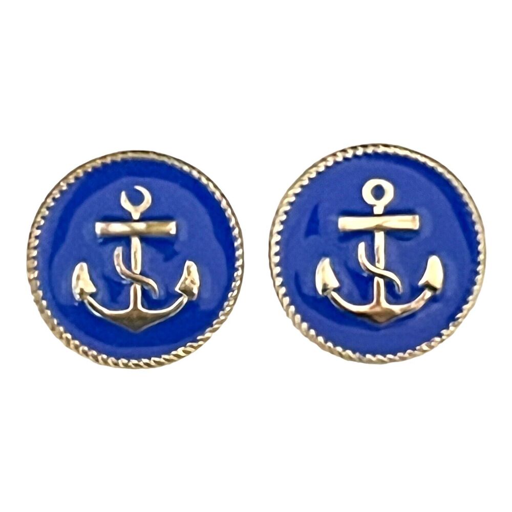 Vintage 1980s Anchor Earrings Blue Enamel Gold Tone Pierced - 11U